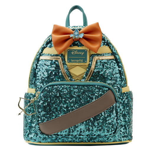 Mini backpack in the style of Merida's dress covered in green sequins with a brown strap on the front pocket and an orange bow on the top with a Will-o'-the-Wisp charm in the center.